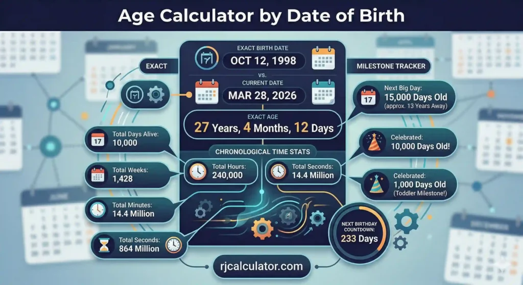 Infographic of the Age Calculator by Date of Birth showing exact age, chronological time stats, and a milestone tracker.