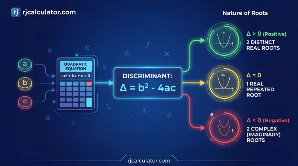 Infographic for the Discriminant Calculator showing how to use a, b, and c to find b² - 4ac and determine the nature of quadratic roots.