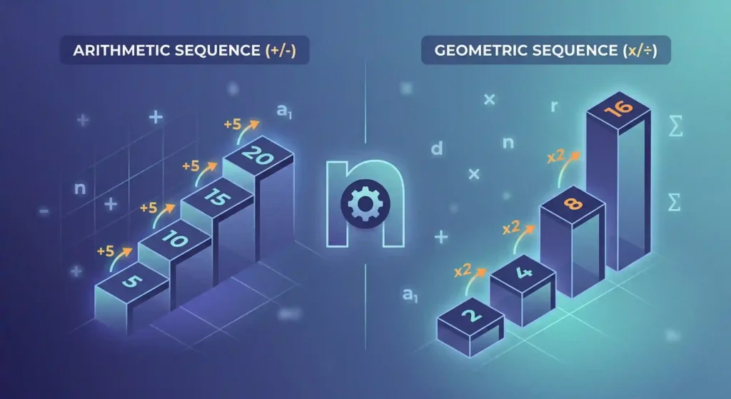 Infographic comparing Arithmetic Sequences with a common difference and Geometric Sequences with a common ratio for the Nth Term Calculator.