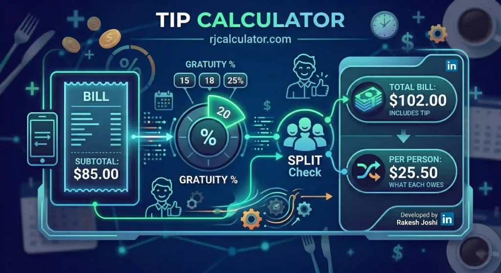 Tip Calculator infographic showing how to calculate a 20% gratuity on an $85 bill and split the check evenly.