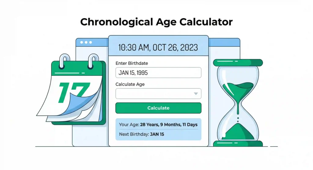 Chronological Age Calculator with Calendar and Hourglass Icons
